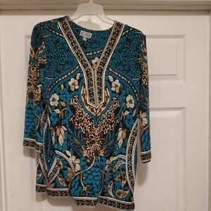 JM Collection Blue Graphic 3/4 Sleeve Blouse